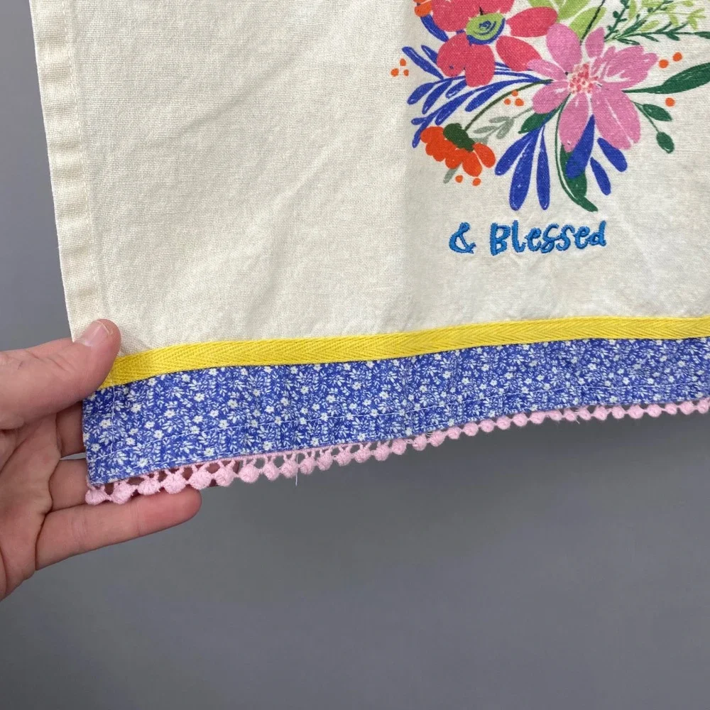 Divinity Boutique Thankful & Blessed Floral Embroidered‎ Cotton Tea Towel Pink